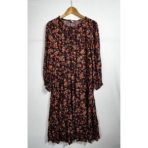 Old Navy Dress‎ Womens L Purple Orange Floral Tiered Cottagecore Prairie Midi